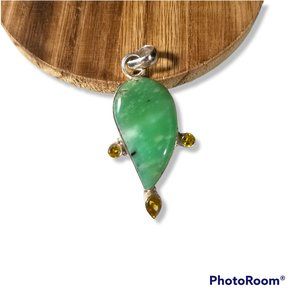 Chrysoprase Stone & Citrine Quartz Upside Down Teardrop Pendant Sterling Silver